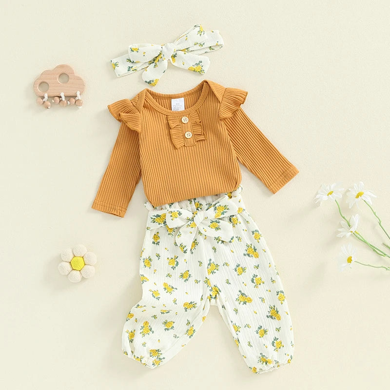 Baby Girls 3Pcs Fall Outfit Long Sleeve Ribbed Romper + Floral Flower Print Pants + Headband Set