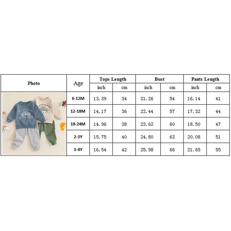 Baby Toddler Boys 2Pcs A Little Dirt Never Hurt Fall Outfit Long Sleeve Tractor Letter Print Top + Pants Set