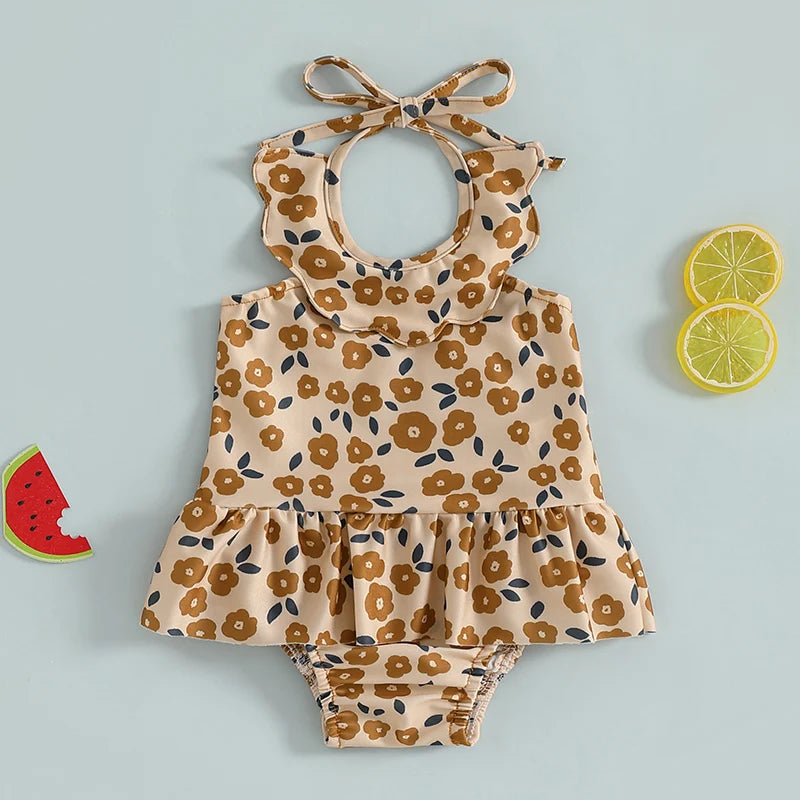 Baby Girls Halter Neck Swimwear Floral Cherry Print Romper Dress Bathing Suit Ruffled Beachwear