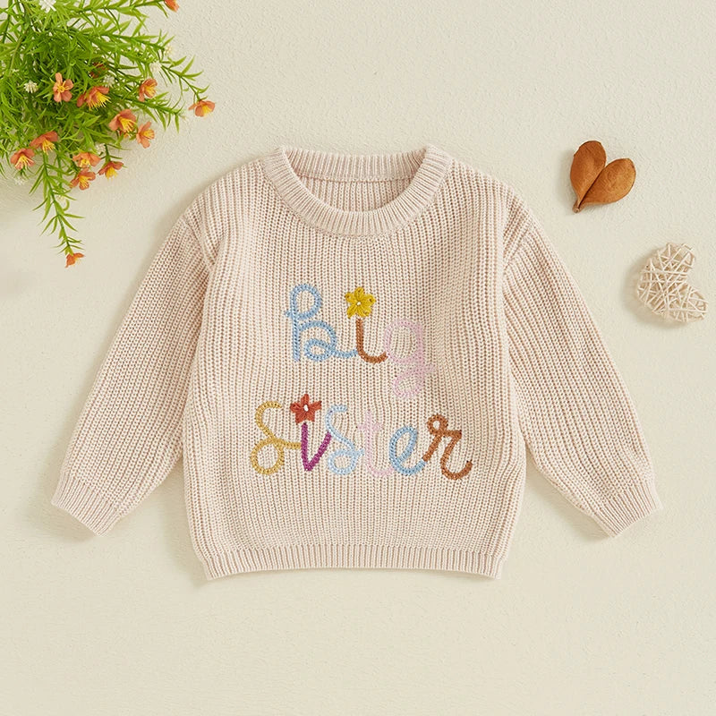 Baby Toddler Kids Girls Big Sister Fall Winter Sweater Casual Letter Flower Embroidery Crew Neck Long Sleeve Pullover Top