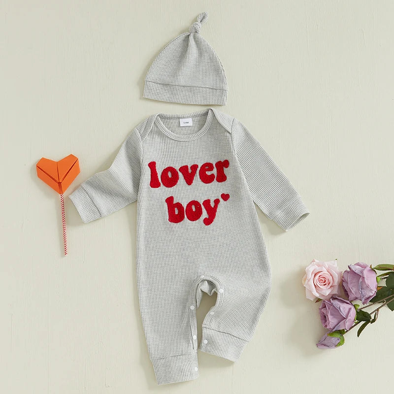 Baby Boy 2Pcs Lover Boy Romper Letter Heart Embroidery Valentines Long Sleeve Full Length Jumpsuit with Hat Valentine's Day Outfit Set