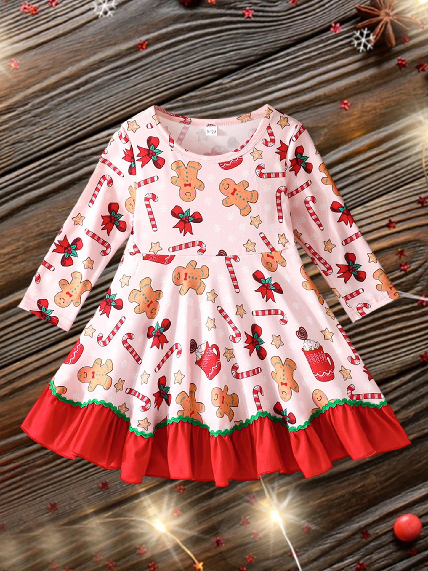 Baby Toddler Girl Christmas Dress Long Sleeve Crew Neck Gingerbread Man Cane Candy Print Dress