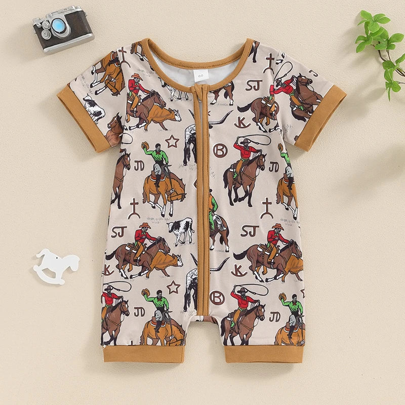 Baby Boys Summer Romper Short Sleeve Crew Neck Cactus Cow Horse Cowboy Print Zipper Jumpsuit