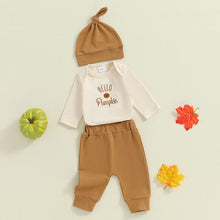 Load image into Gallery viewer, Baby Boys Girls 3Pcs Outfit Hello Pumpkin Long Sleeve Embroidery Letters Romper Elastic Waist Pants Hat Halloween Set
