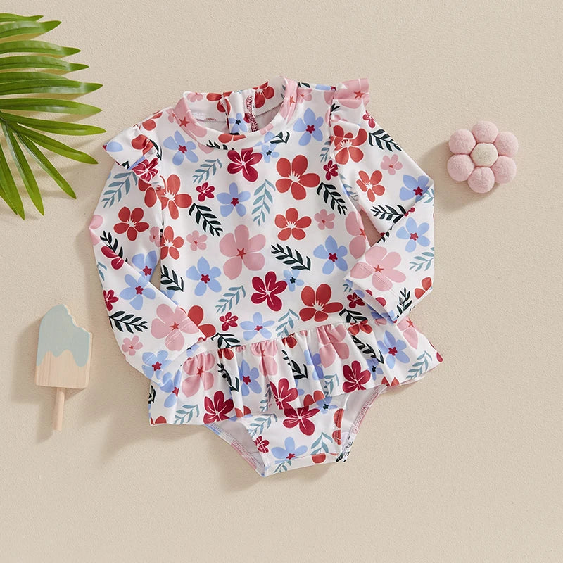 Baby Toddler Girls Swimsuit Long Sleeve Floral Flowers Print Skirted Bathing Suit Frill Shoulders Swimwear Bathing Suit