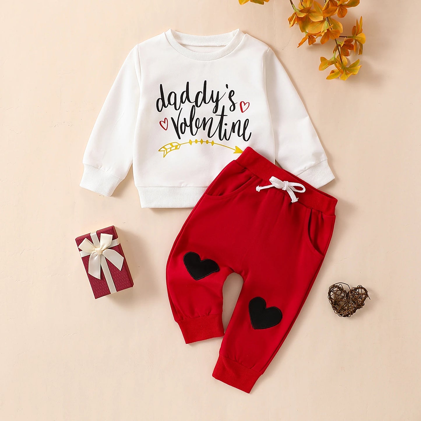 Baby Toddler Girl 2Pcs Valentine's Day Outfit Letter Daddy's Valentine Print Top Heart Knee Long Pant Clothes Set