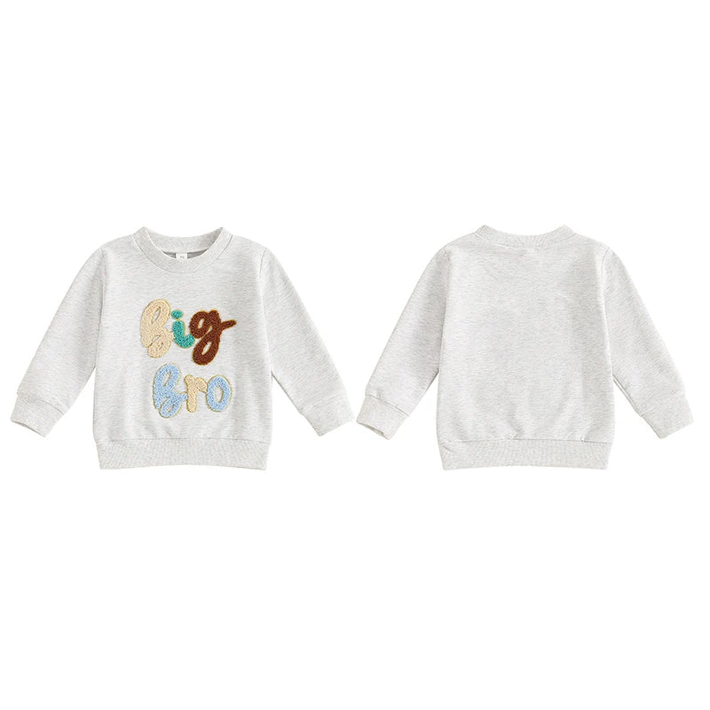 Baby Toddler Boys Big Bro Fuzzy Letter Embroidery Round Neck Long Sleeve Pullover Fall Top