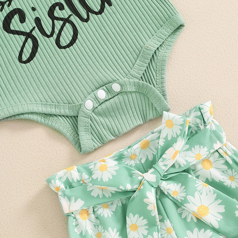 Baby Toddler Girls 3Pcs Summer Set Little Sister Letter Print Short Sleeve Romper Flower Daisy Print Shorts with Headband Outfit