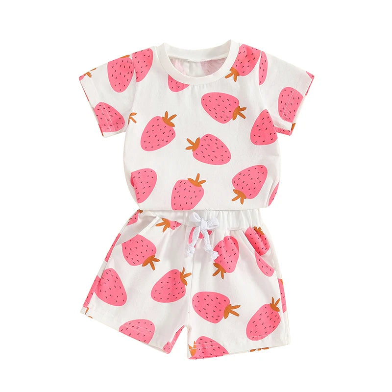 Baby Toddler Girls 2Pcs Outfit Strawberry Print Short Sleeve Top and Elastic Shorts Set Cute Summer Clothes