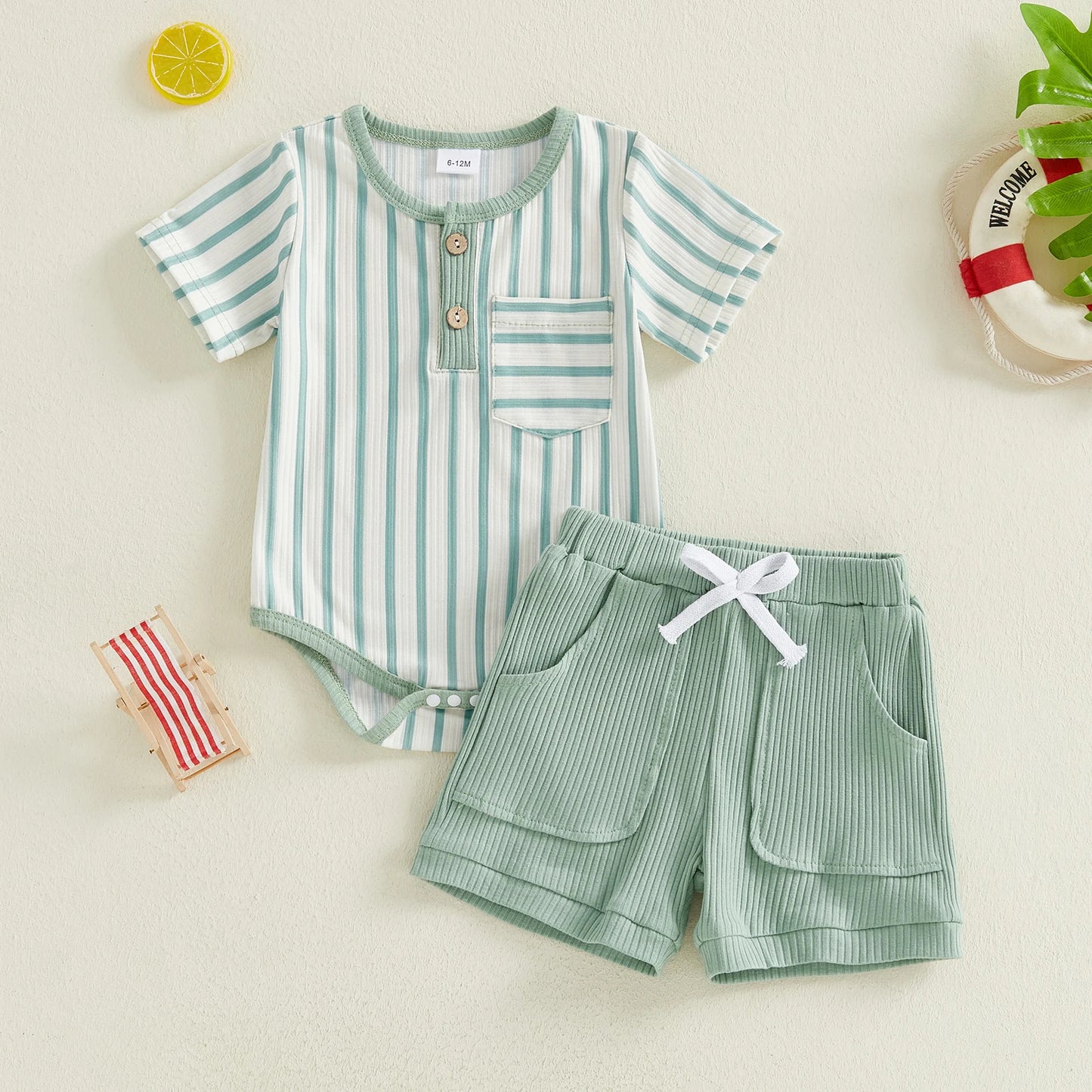 Baby Toddler Boys 2Pcs Summer Outfits Short Sleeve Stripes Print Romper Shorts Set