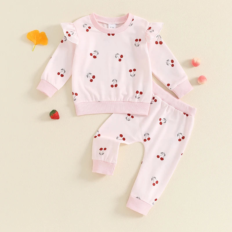 Baby Toddler Girls 2Pcs Fall Outfit Cherry Print Round Neck Long Sleeve Top Elastic Waist Pants Set