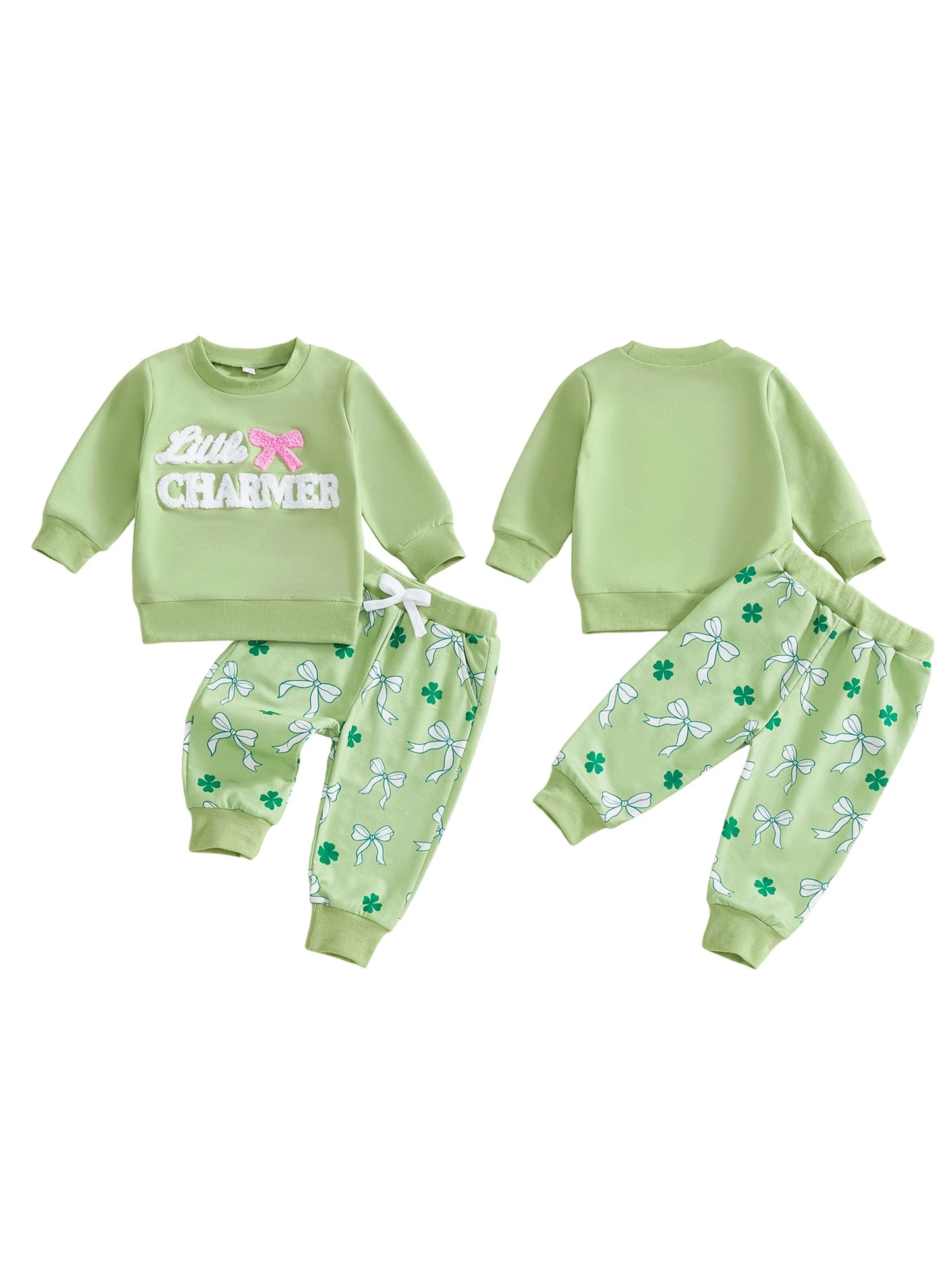 Baby Toddler Girls 2Pcs Little Charmer St. Patrick's Day Long Sleeve O Neck Letter Bow Embroidery Top Bow Clover Print Pants Jogger Set