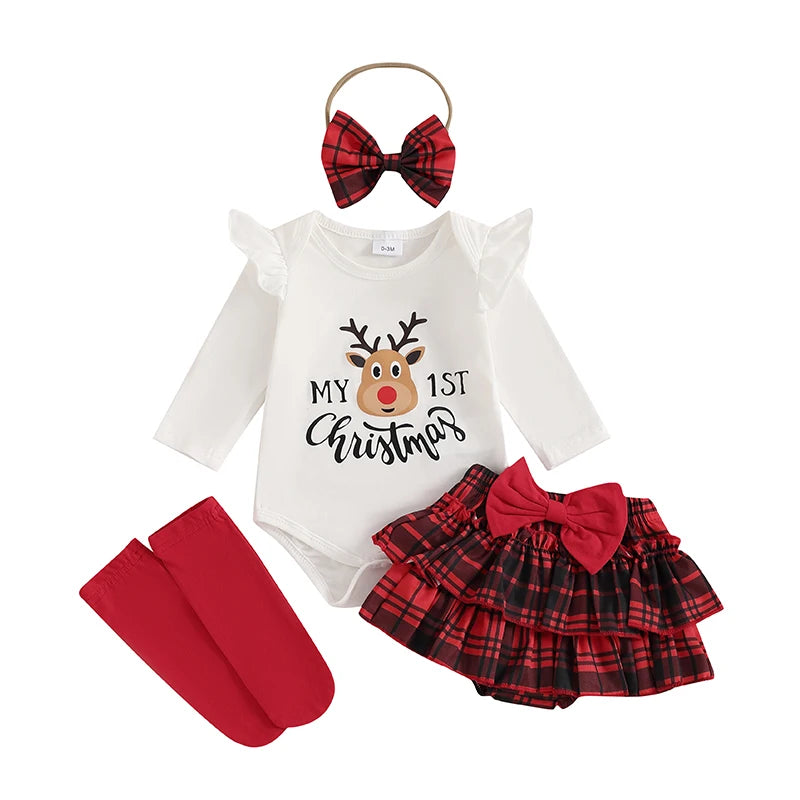 Baby Toddler Girls 4Pcs My 1st Christmas / Santa Baby First Outfit Letter Reindeer Ruffle Long Sleeve Romper Plaid Layered Ruffle Shorts Skirt Bloomers Socks Headband Bow Set