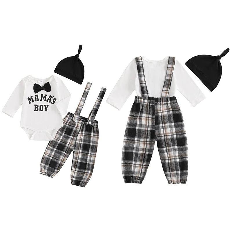 Baby Boys 3Pcs Mama's Boy Gentleman Outfit Long Sleeve Letter Embroidery Romper Bowtie Plaid Suspender Pants Beanie Hat Set