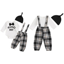 Load image into Gallery viewer, Baby Boys 3Pcs Mama&#39;s Boy Gentleman Outfit Long Sleeve Letter Embroidery Romper Bowtie Plaid Suspender Pants Beanie Hat Set
