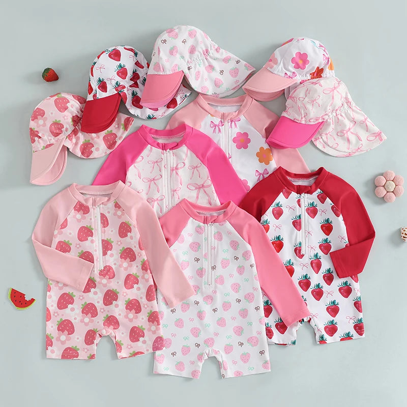 Baby Toddler Girls 2Pcs Swimwear Long Sleeve Floral/Bow/Strawberry Print Half Zipper Rash Guard Bathing Suite with Sunhat Set