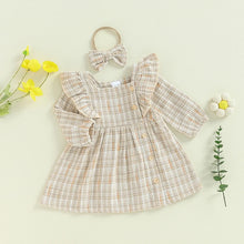 Load image into Gallery viewer, Toddler Kids Girls 2Pcs Dress Square Neck Ruffles Plaid Buttons Long Sleeve Casual Fall Princess Dress with Headband Set
