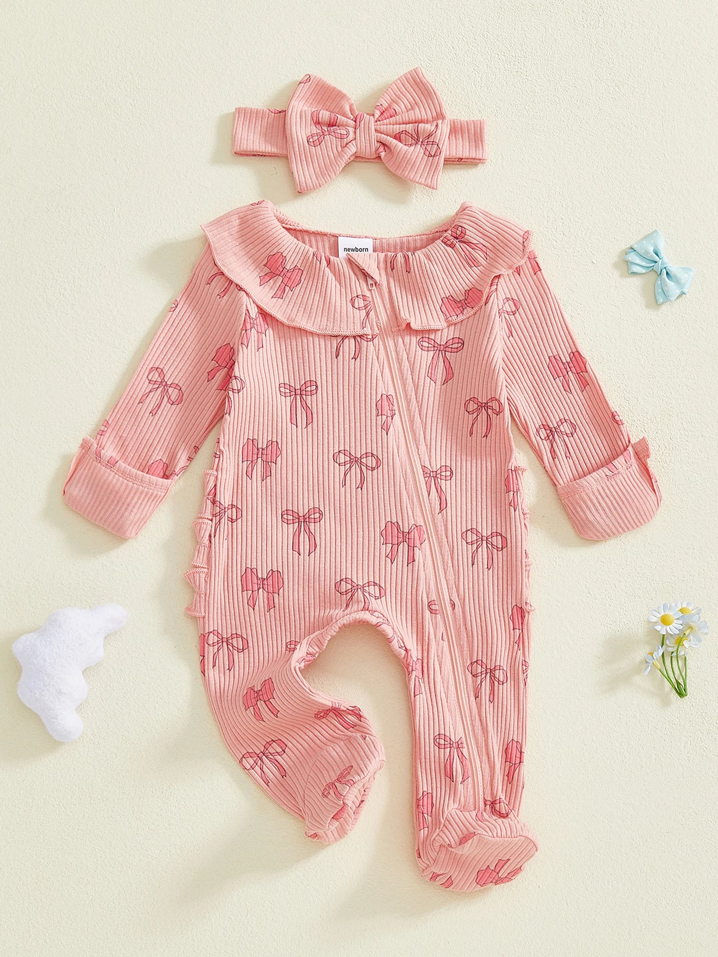 Baby Girls 2Pcs Outfits Cute Long Sleeve Round Neck Bow Print Full Length Footed Jumpsuit with Bow Headband Set