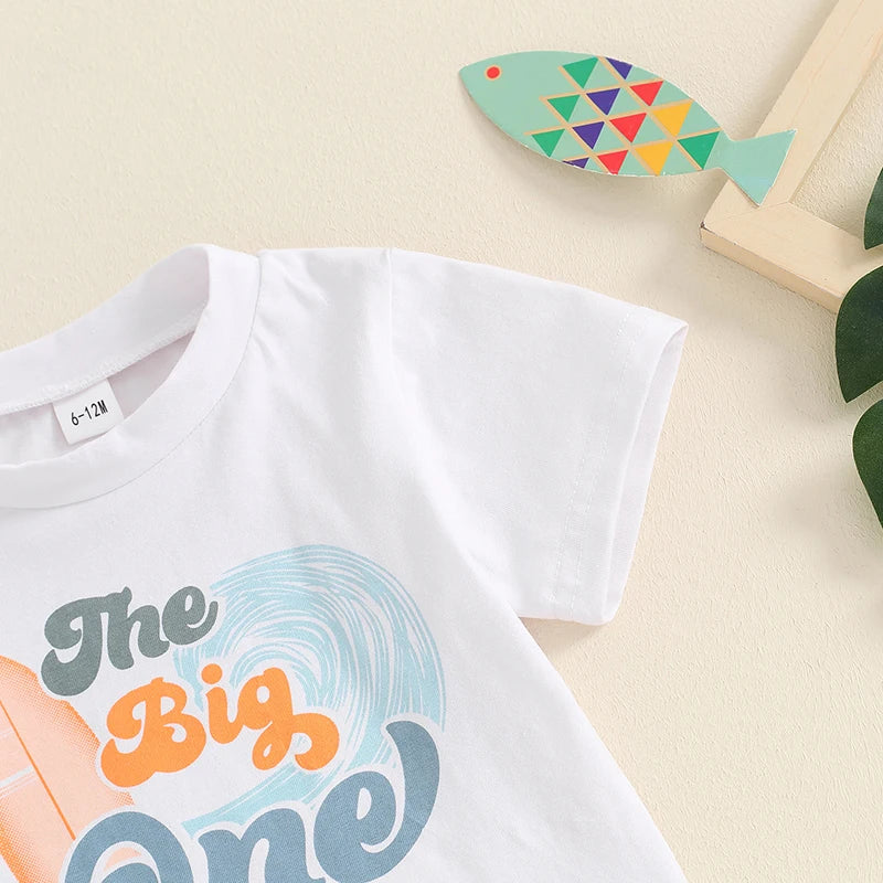 Baby Boys 2Pcs The Big One Birthday Outfit Letter Surfboard Print Short Sleeve Top and Shorts Summer One Yea Old Outfit Set