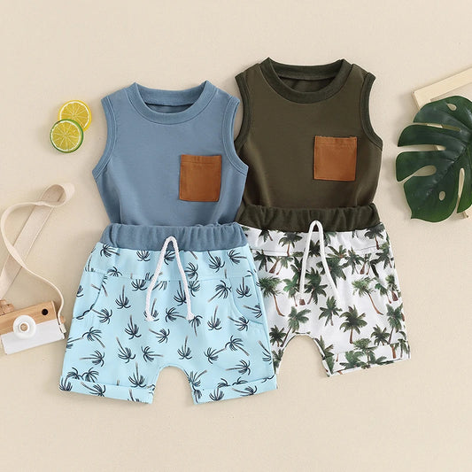 Toddler Baby Boys 2Pcs Summer Shorts Set Sleeveless Tank Top wth Pocket and Tropical Palm Tree Print Shorts Set