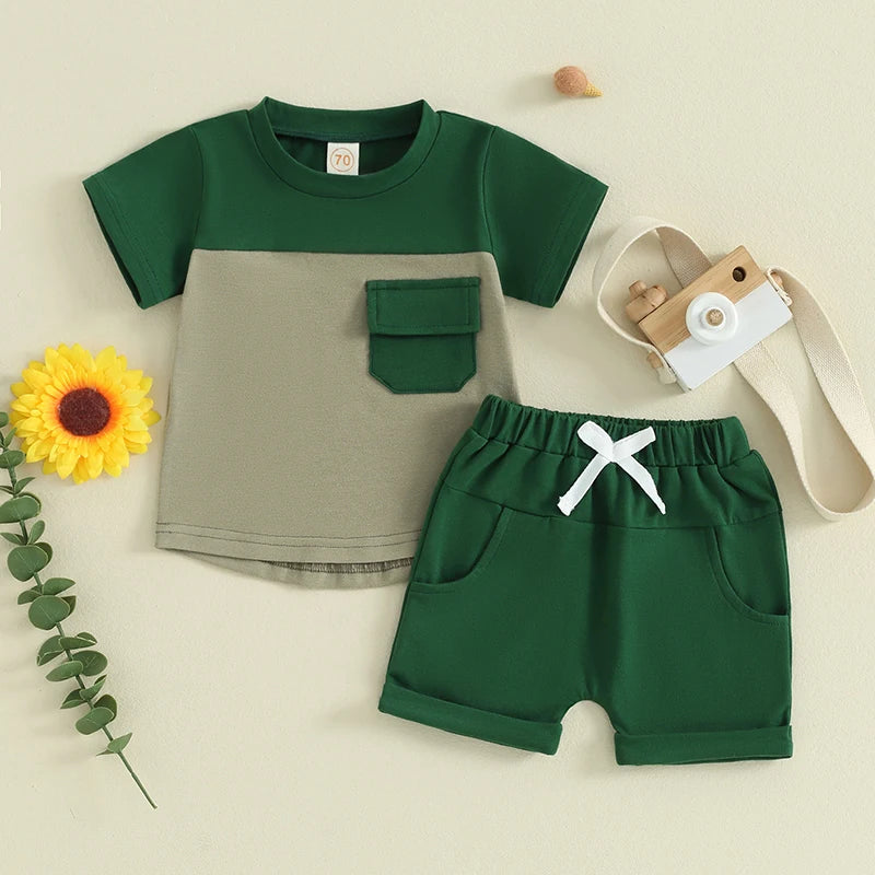 Toddler Baby Boy 2Pcs Summer Outfits Short Sleeve Contrast Color Top with Pocket Shorts Set Clothes