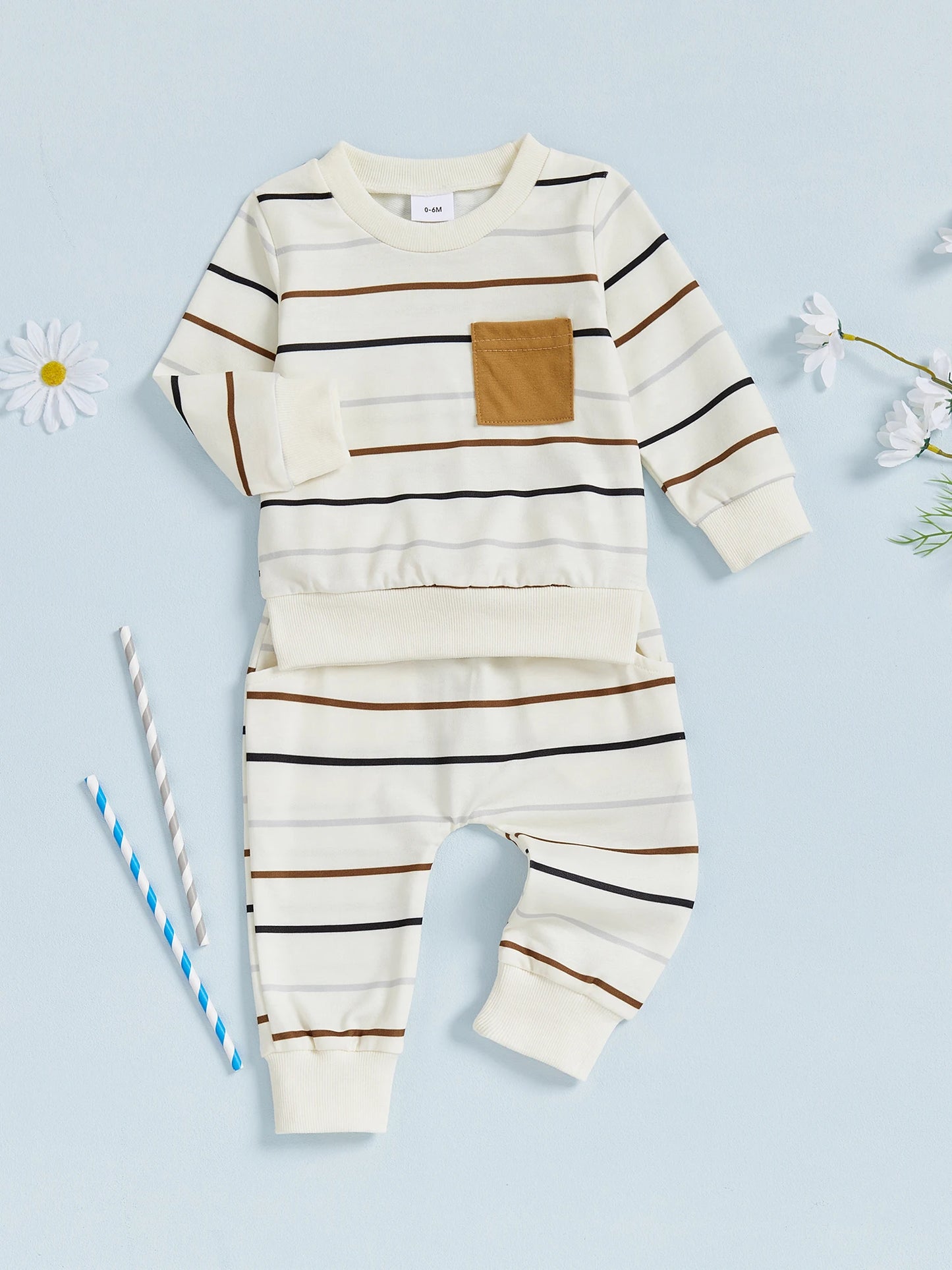 Baby Toddler Boys 2Pcs Autumn Pants Sets Long Sleeve O Neck Striped Top Drawstring Pants Jogger Set