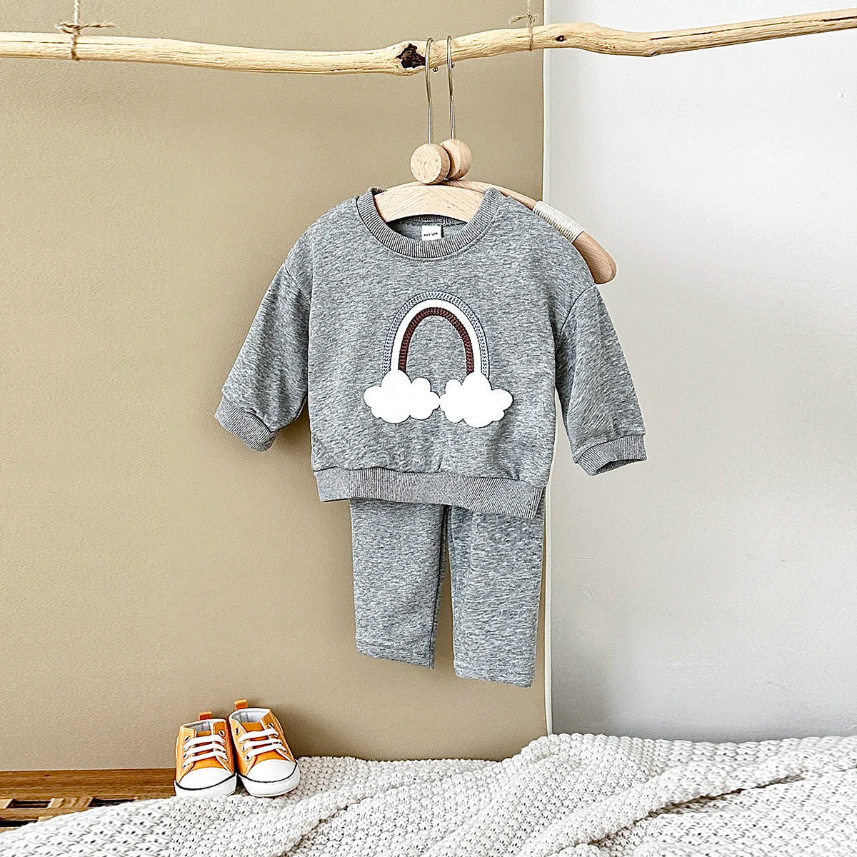 Baby Toddler Boys Girls 2Pcs Rainbow Embroidery Jogger Set Fall Long Sleeve Top + Pants Outfit