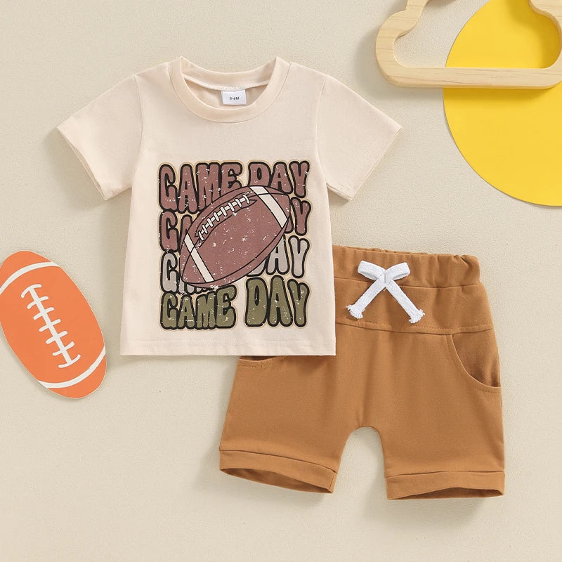 Baby Toddler Boys 2Pcs Game Day Short Sleeve Letters Football Print Top with Shorts Summer Outfit Set