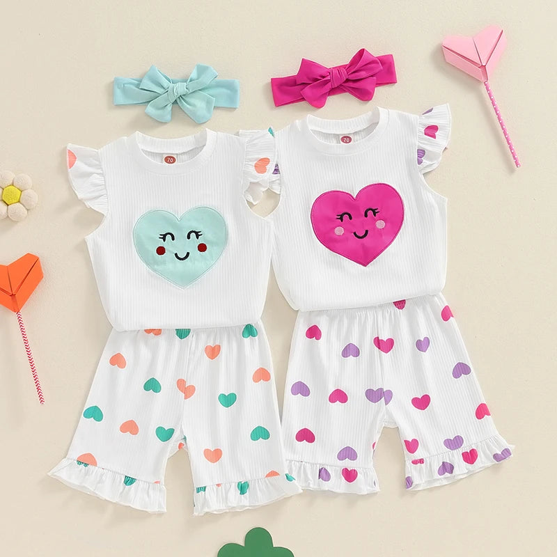 Baby Toddler Girls 3Pcs Summer Outfit Heart Patch Fly Sleeve Ribbed Top Heart Print Ruffle Shorts Headband Set