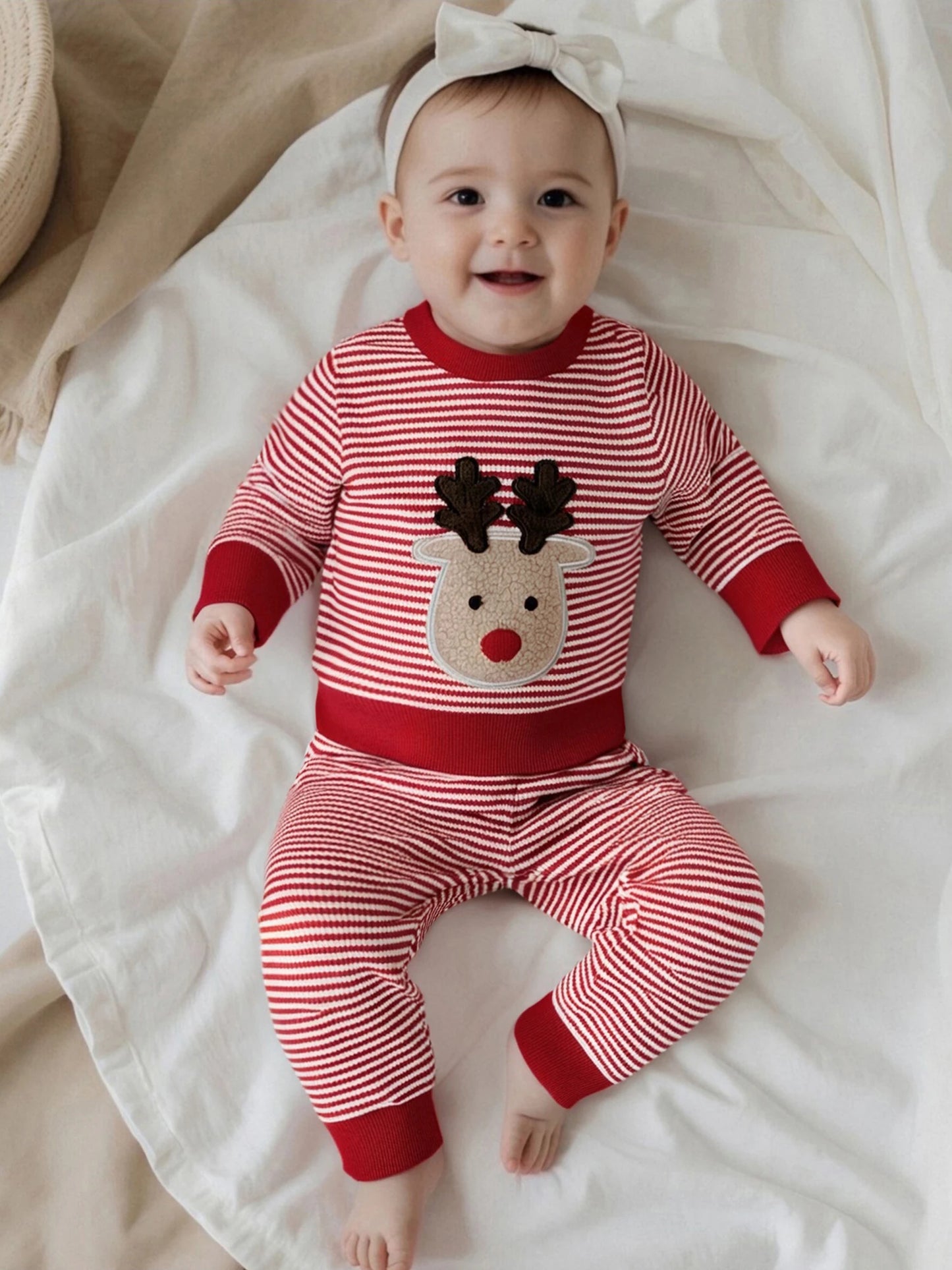 Baby Toddler Boys Girls 2Pcs Christmas Outfit Reindeer Embroidery Stripe Long Sleeve Round Neck Pullover Top + Elastic Waist Long Pants Jogger Set