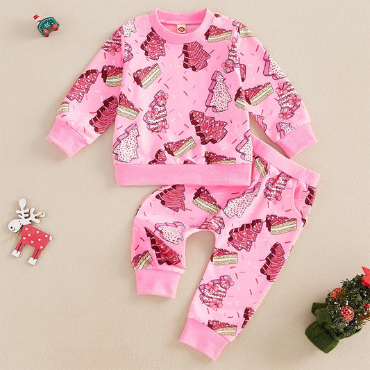 Baby Toddler Girls 2Pcs Christmas Outfit Long Sleeve Cake Print Tree Crewneck Top + Pants Jogger Set