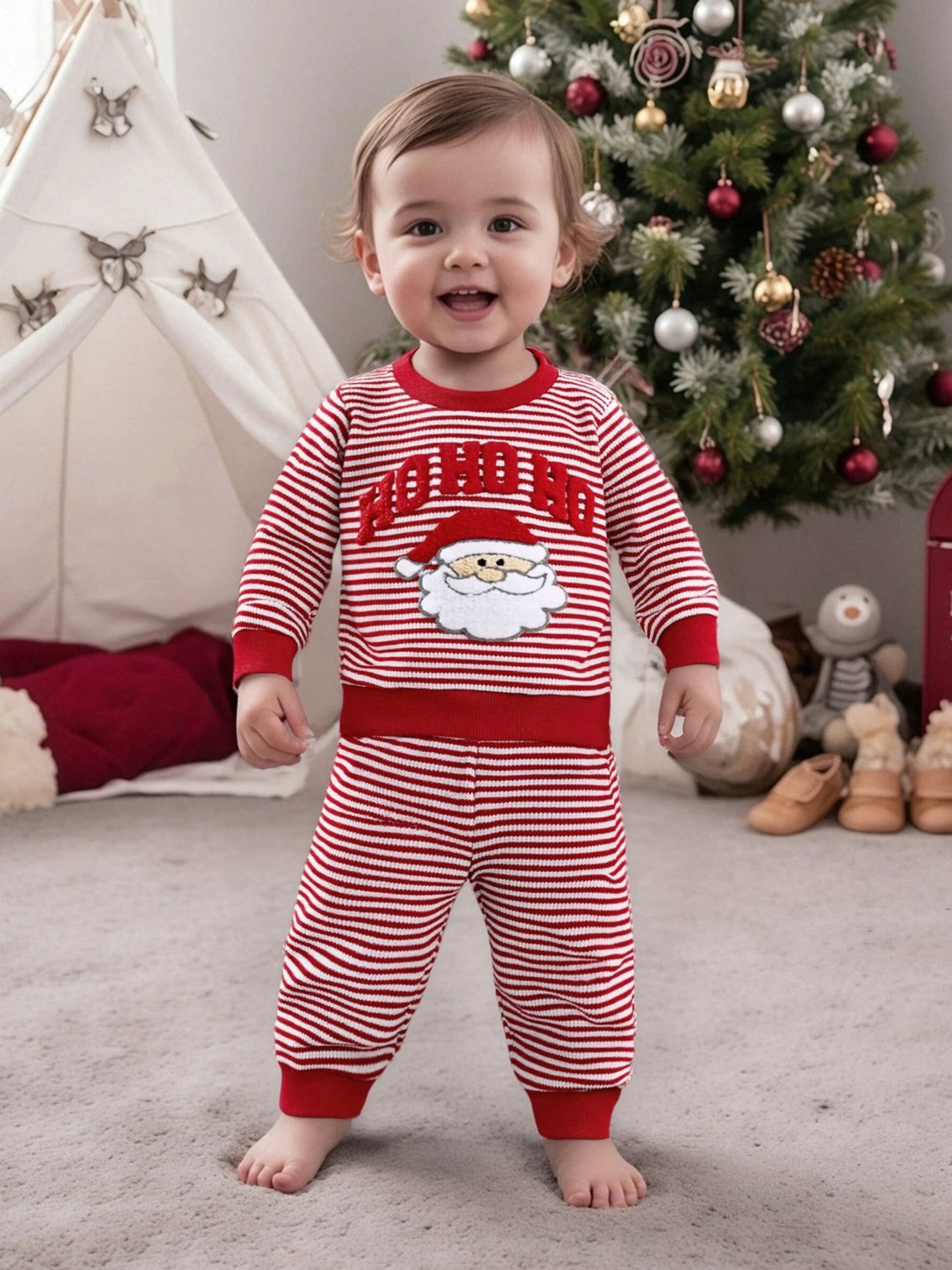 Baby Toddler Boys Girls 2Pcs Ho Ho Ho Christmas Striped Jogger Set Fashionable Long Sleeve Santa Claus Embroidery Pullover Top with Pants 2 Pcs Outfit