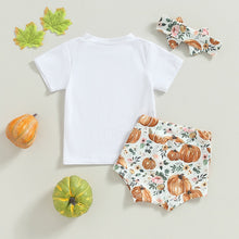 Load image into Gallery viewer, Baby Girls 3Pcs Halloween Outfits Short Sleeve Hey There Pumpkin Print Tops Pumpkin Shorts Headband
