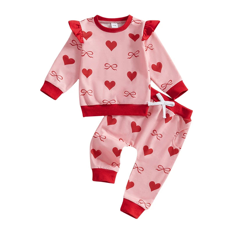 Baby Toddler Girls 2Pcs Valentine's Day Outfit Bow Heart Print Ruffle Long Sleeve Top and Elastic Jogger Pants Valentines Set