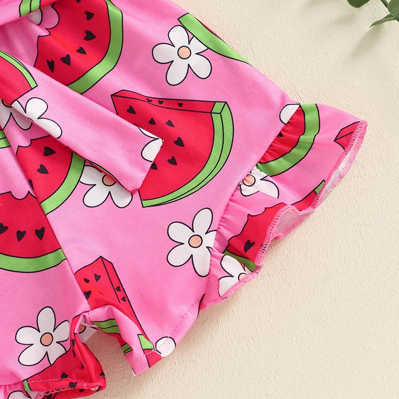 Baby Toddler Kids Girl Summer Jumpsuit Sleeveless Tie Strap Watermelon Print Belted Romper Shorts