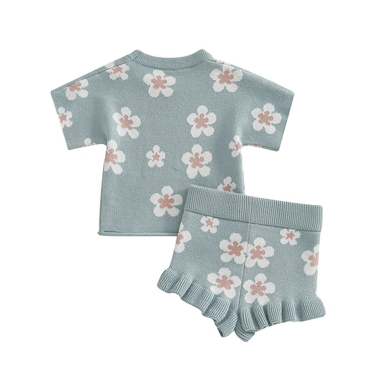 Baby Toddler Girls 2Pcs Clothes Set Short Sleeve Floral Flowers Print Knit Top +Shorts Bloomers Spring Outfit