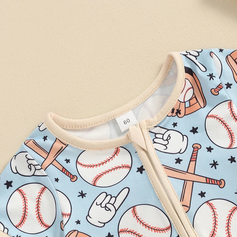 Baby Boys Girls Short Sleeve Baseball Glove Bat Print Zip Up Rompers Jumpsuits