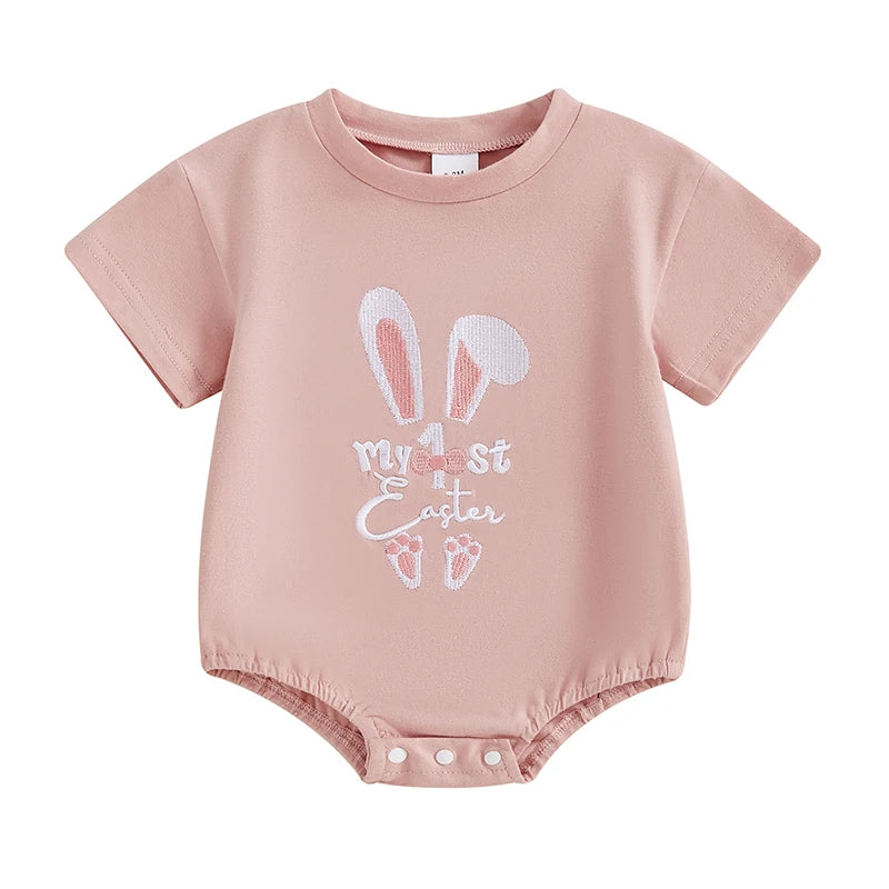 Baby Girls Boys Easter Jumpsuit Some Bunny Loves You / My 1st Easter / Happy Easter / Rabbits Embroidered Short Sleeve Bodysuit Romper