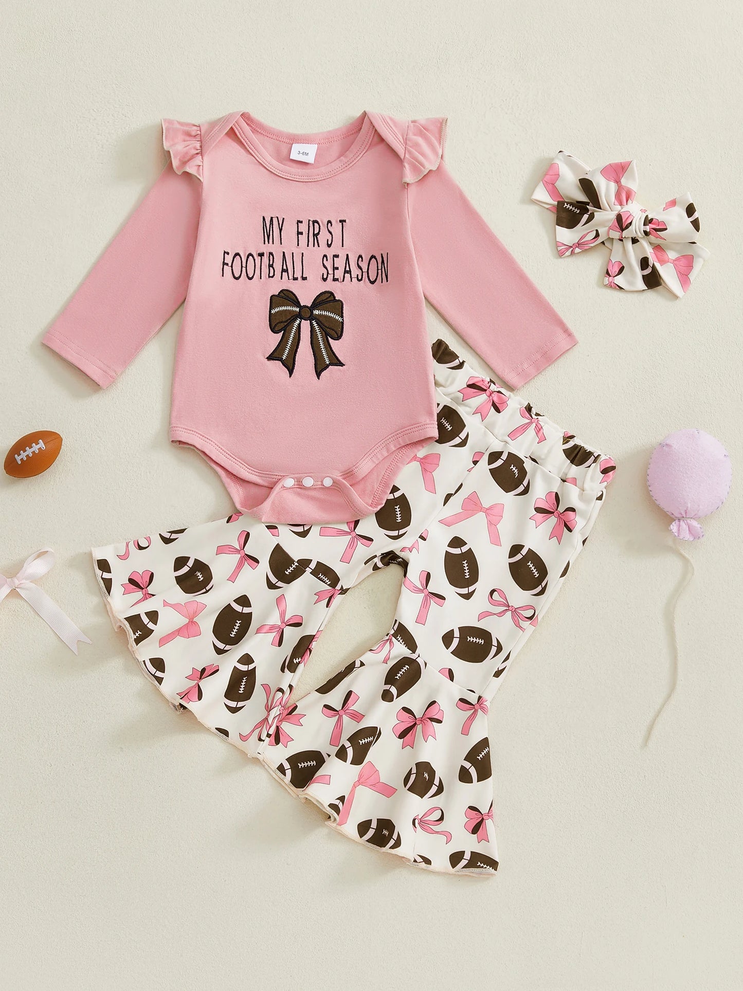 Baby Girls 3Pcs Game Day Fall Outfit Football Print Long Sleeves Romper and Elastic Flared Pants Headband Set Cute Clothes