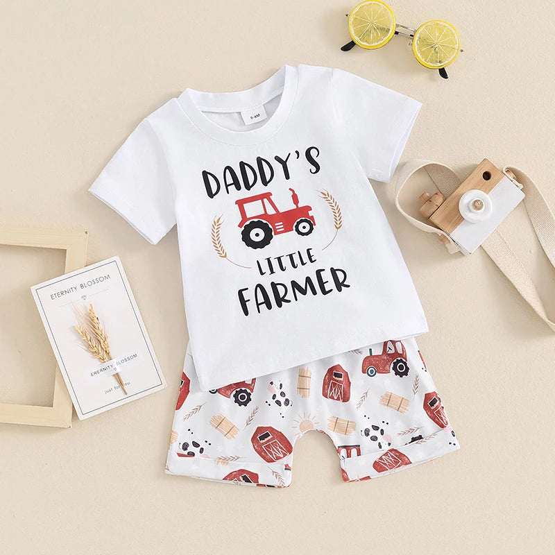 Toddler Baby Boy 2Pcs Daddy's Little Farmer Tractor Short Sleeve Letter Print Top + Elastic Waist Tractor Cow Hay Print Shorts Summer Set