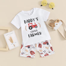 Load image into Gallery viewer, Toddler Baby Boy 2Pcs Daddy&#39;s Little Farmer Tractor Short Sleeve Letter Print Top + Elastic Waist Tractor Cow Hay Print Shorts Summer Set
