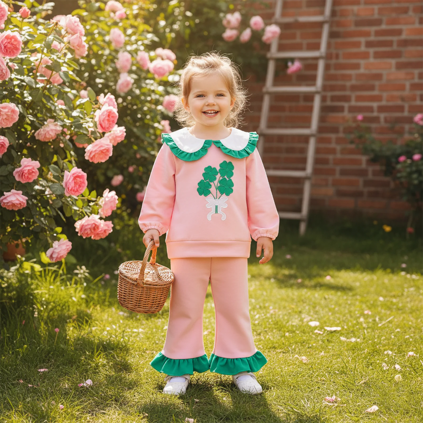 Baby Toddler Girl 2Pcs Spring Outfit Clover Bow Embroidered Doll Collar Top and Flare Pants 2 Piece Set