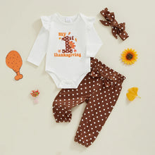 Load image into Gallery viewer, Baby Girls 3Pcs My 1st Thanksgiving / Daddy&#39;s Little Turkey Outfit Long Sleeve Romper + Polka Dots/Turkey Print Pants + Headband Fall Set
