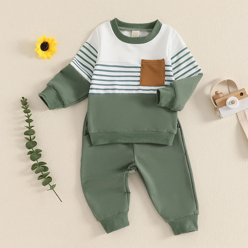 Baby Toddler Boys 2Pcs Outfit Long Sleeve Stripes Top with Elastic Waist Pants Fall Jogger Set