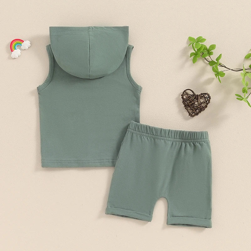 Baby Toddler Boys 2Pcs Summer Outfit Sleeveless Hooded Tank Top with Pocket Elastic Waist Shorts Set