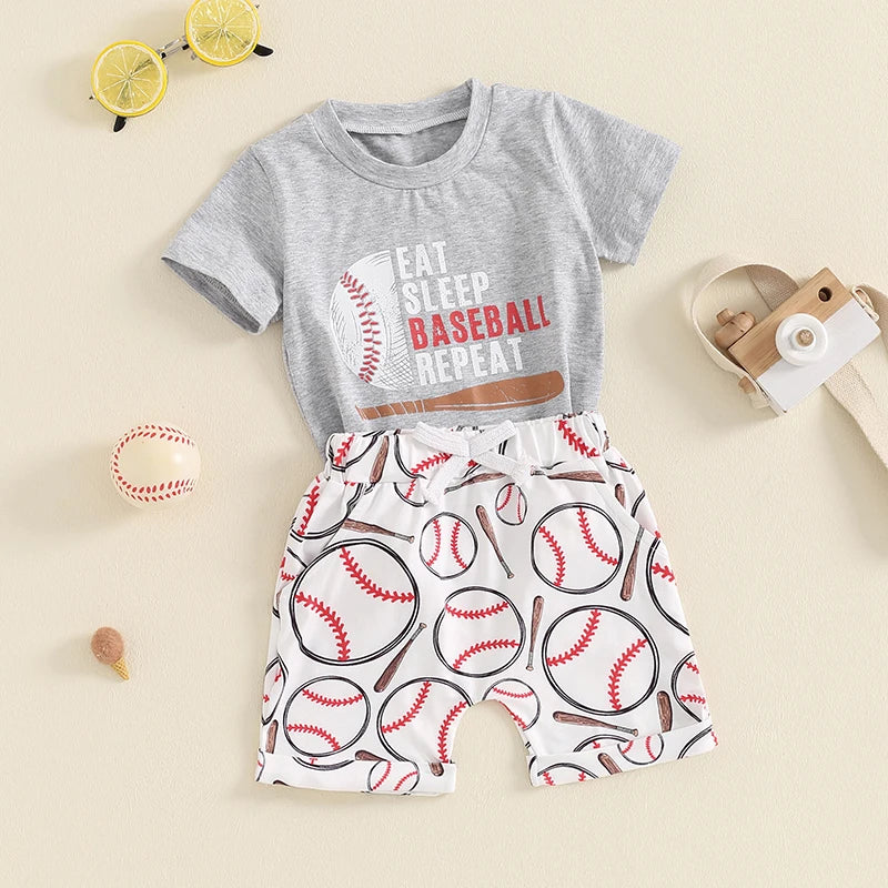 Baby Toddler Boys 2Pcs Eat Sleep Baseball Repeat Outfit Baseball Letter Print Short Sleeve Top and Elastic Shorts Clothes Set