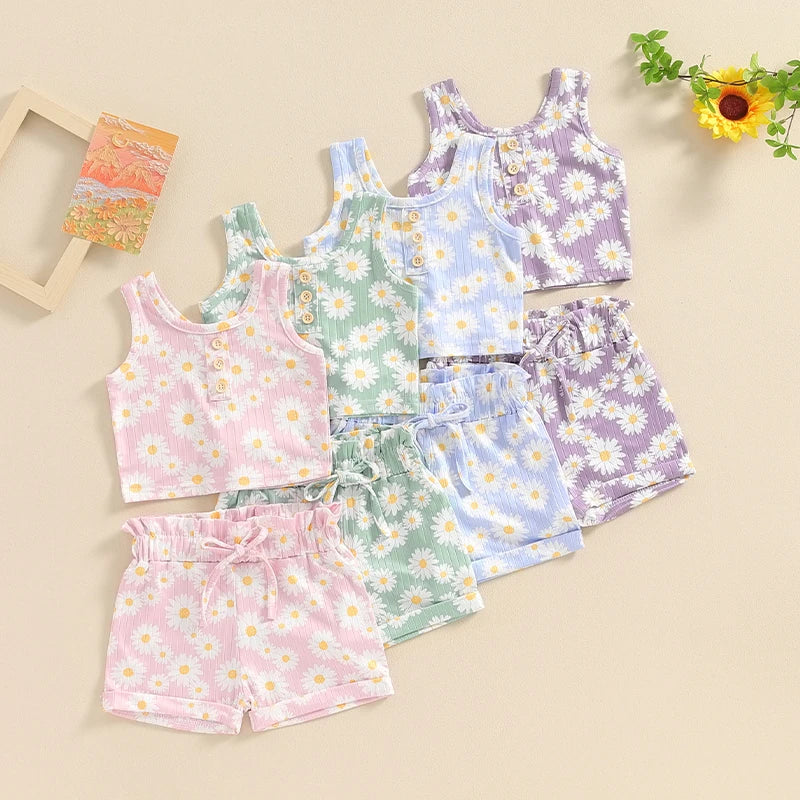 Baby Toddler Girls 2Pcs Daisy Flower Print Sleeveless Crew Neck Tank Top and Matching Shorts Summer Outfit Set