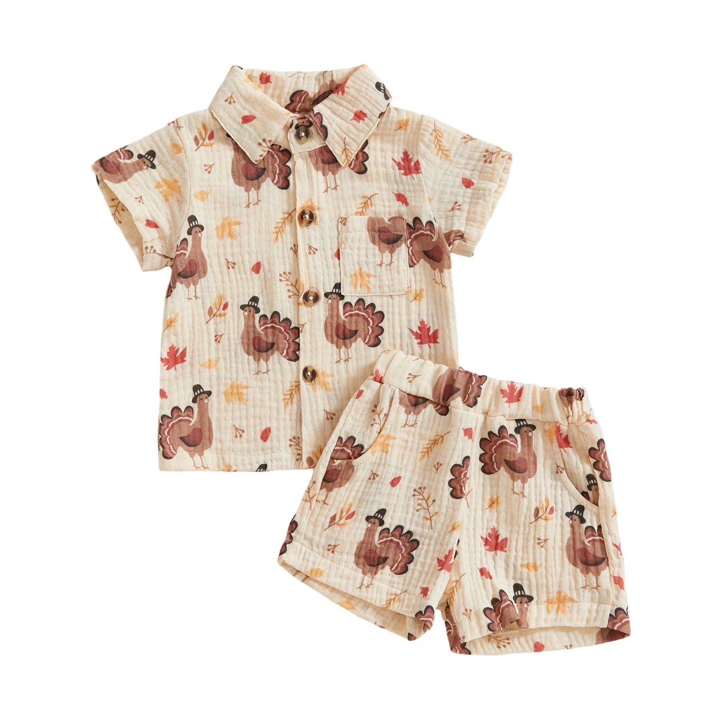 Baby Toddler Boys 2Pcs Thanksgiving Outfit Turkey Short Sleeve Button-up Shirt Elastic Waist Shorts Set