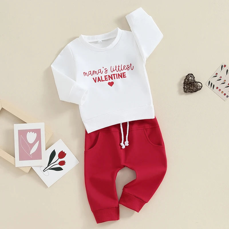 Toddler Baby Boy Girl 2Pcs Set Long Sleeve Letter Mama's Littlest Little Valentine / Mama's Boyfriend Heart Print Top with Jogger Pants Valentine's Day Outfits