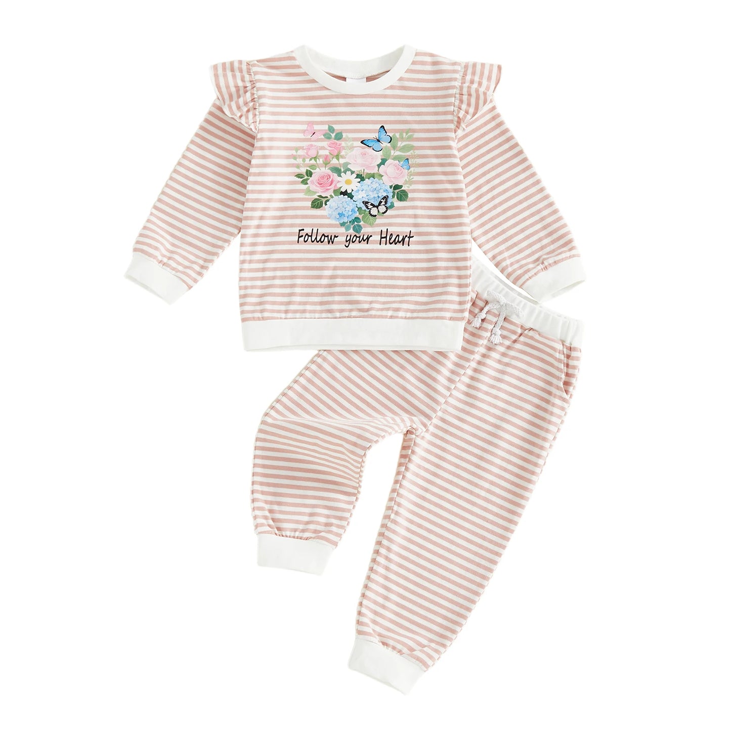 Baby Toddler Girls 2Pcs Follow Your Heart Spring Outfit Ruffle Long Sleeve Crew Neck Letters Floral Print Top with Striped Pants Jogger Set